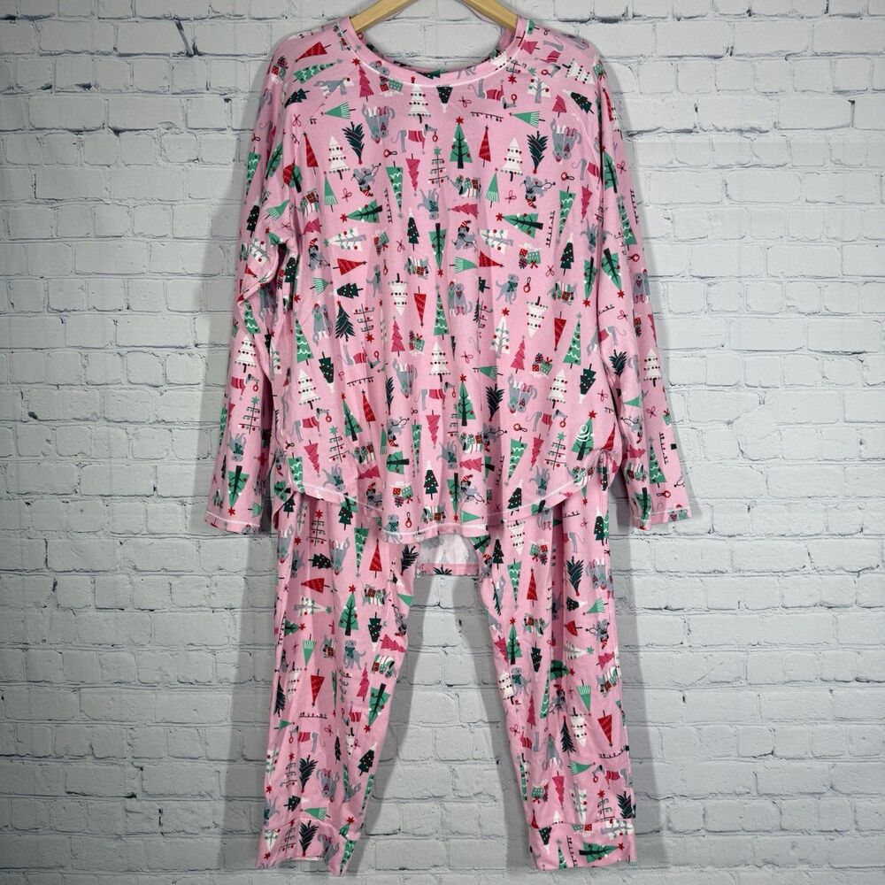 Cuddl Duds Pajama Set Women XL Pink Dogs & Trees Sweater Knit Lounge Holidays